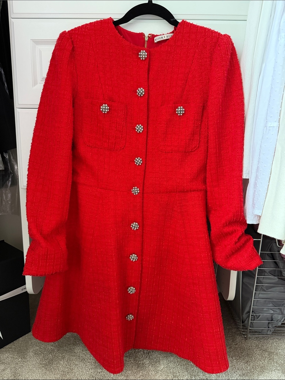 Alice + Olivia Vibrant Red Tweed Long-Sleeve A-Line Dress
